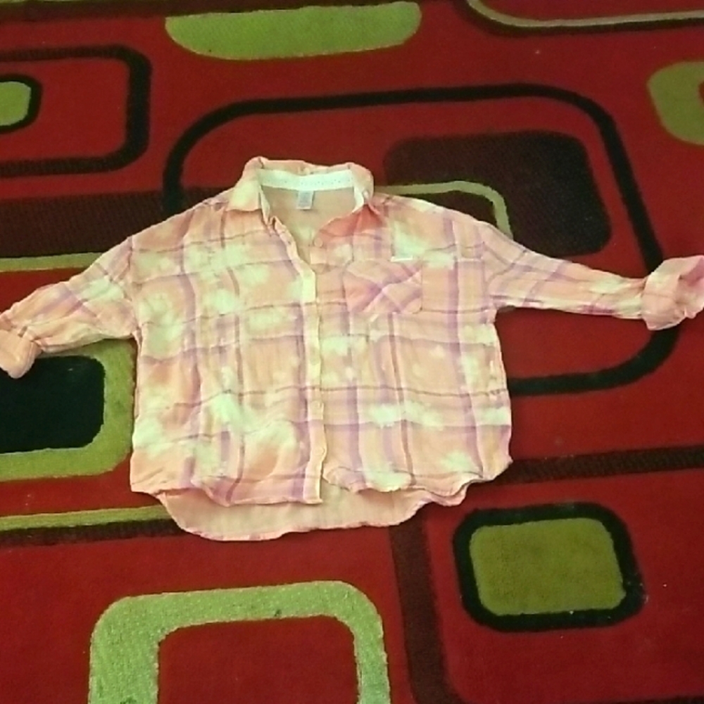 Justice Pink Button Down Shirt Plaid Cotton